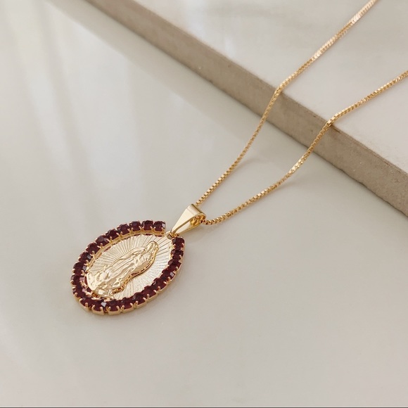 Virgin Mary Garnet Necklace | 18k Gold Filled - Picture 2 of 6
